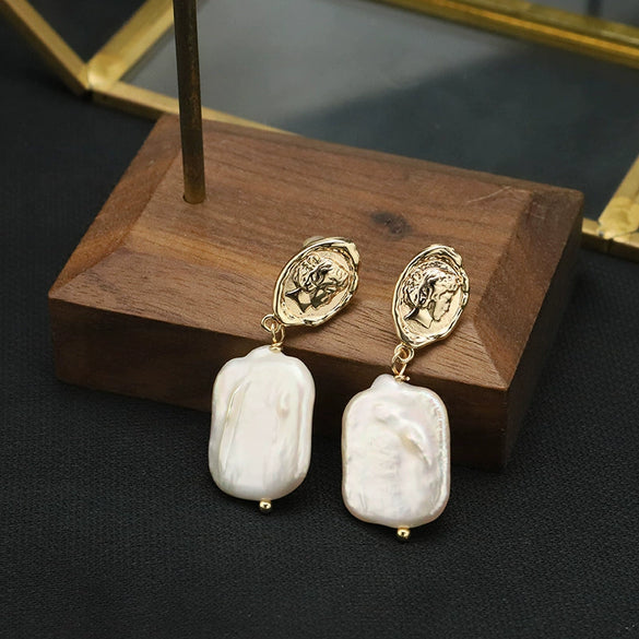 Pearl Stud Earrings Geometric Light Luxury Baroque Electroplating Jewelry
