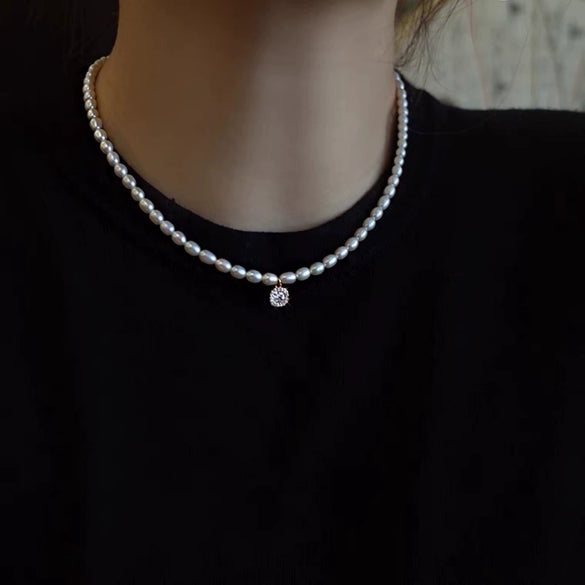 Pearl Sweater Necklace Women's Clavicle Chain Water Drop Square Crystal Natural Freshwater Pearl Baroque Style Copper Accessories