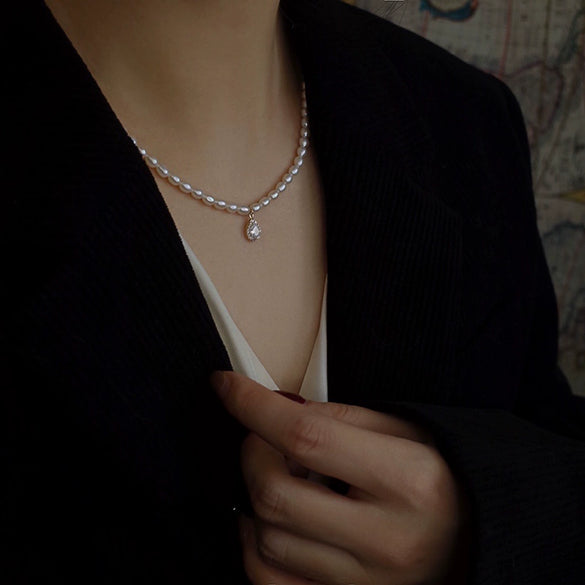 Pearl Sweater Necklace Women's Clavicle Chain Water Drop Square Crystal Natural Freshwater Pearl Baroque Style Copper Accessories