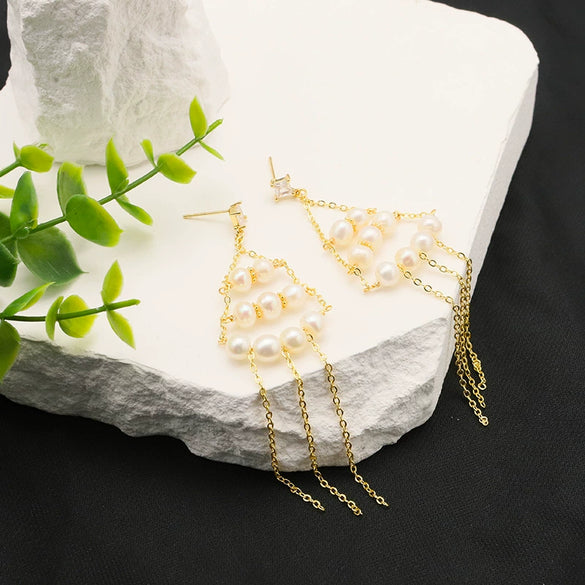 Pearl Tassel Earrings For Women Light Luxury Real Gold Electroplated Natural Original Design