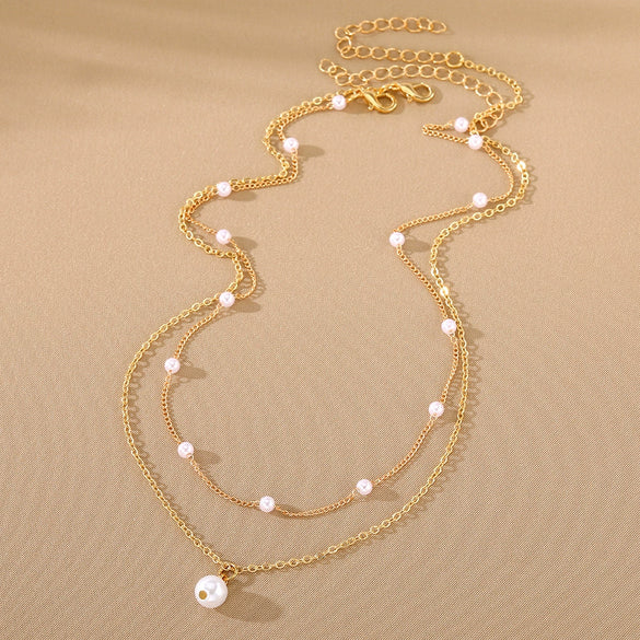 Pearl Tassel Pendant Doublelayer Necklace Alloy Geometric Style Women's