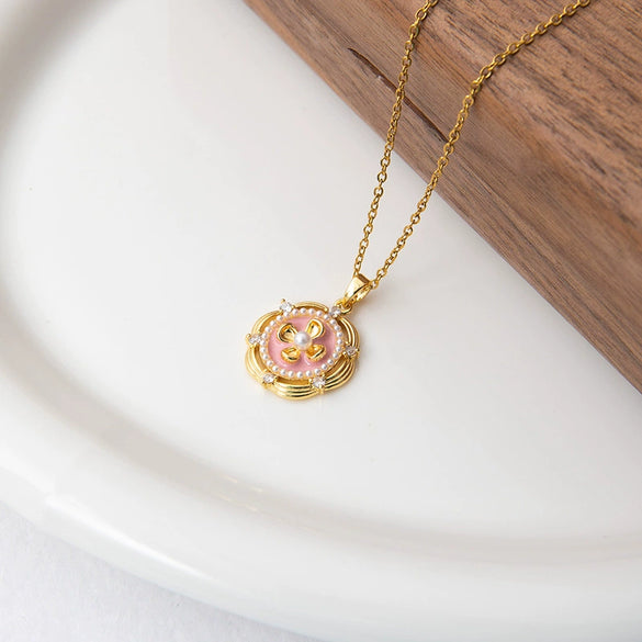 Pearl Threedimensional Flower Titanium Steel Necklace For Women Copper Pendant 18K Gold Plated