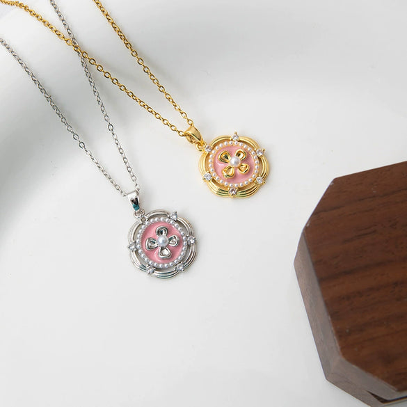 Pearl Threedimensional Flower Titanium Steel Necklace For Women Copper Pendant 18K Gold Plated