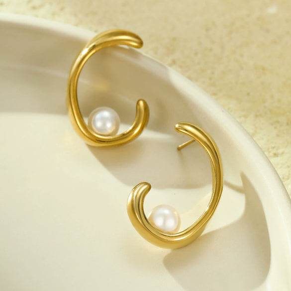 Pearl Titanium Steel And Stainless Steel Women's Fashion Personality Irregular Electroplated Earrings
