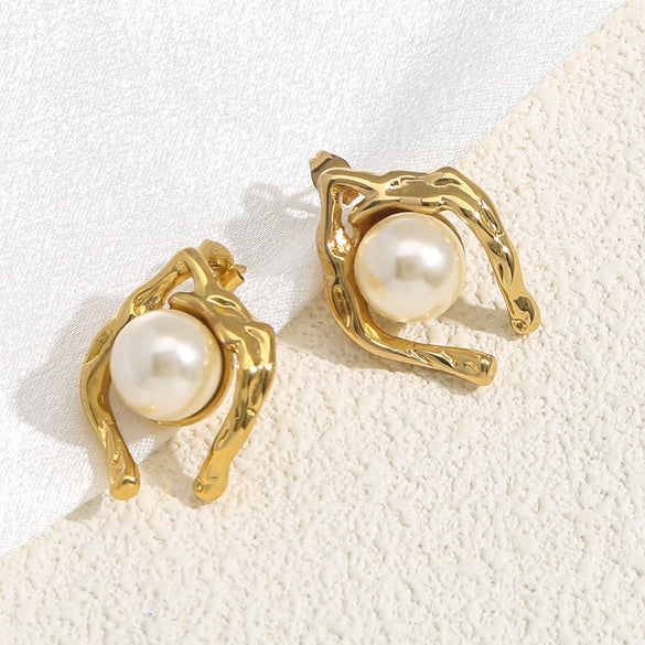 Pearl Titanium Steel Women's Heart And Geometric Rhombus Electroplating Antiallergic Earrings