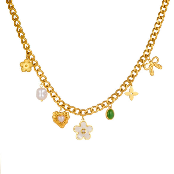 Pearl White Love Bow Emerald Oval Pendant Stainless Steel Necklace With Heart Shape Pattern And Electroplating Process