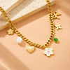 Pearl White Love Bow Emerald Oval Pendant Stainless Steel Necklace With Heart Shape Pattern And Electroplating Process
