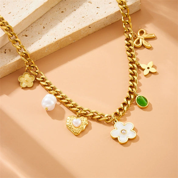 Pearl White Love Bow Emerald Oval Pendant Stainless Steel Necklace With Heart Shape Pattern And Electroplating Process