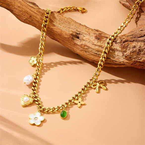 Pearl White Love Bow Emerald Oval Pendant Stainless Steel Necklace With Heart Shape Pattern And Electroplating Process