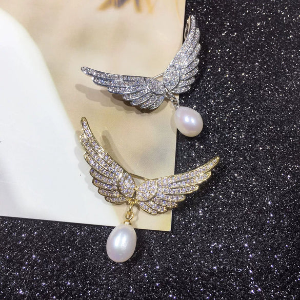 Pearl Wings Brooch Copper Micropaved Zircon Italian Craft Fashion Women's