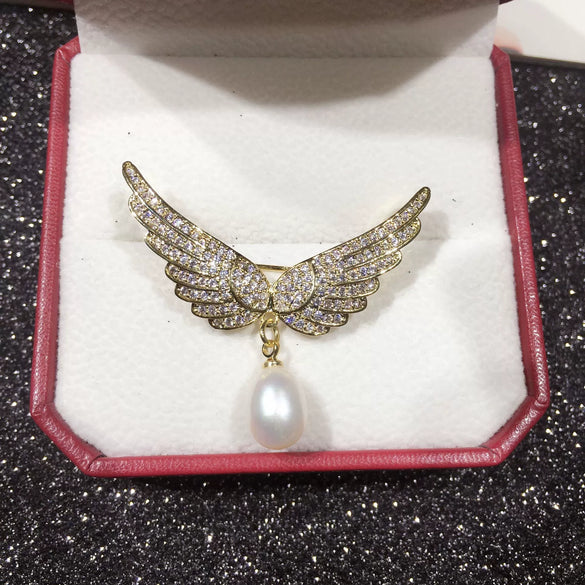 Pearl Wings Brooch Copper Micropaved Zircon Italian Craft Fashion Women's
