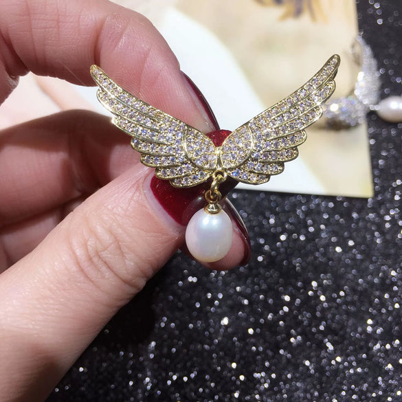 Pearl Wings Brooch Copper Micropaved Zircon Italian Craft Fashion Women's