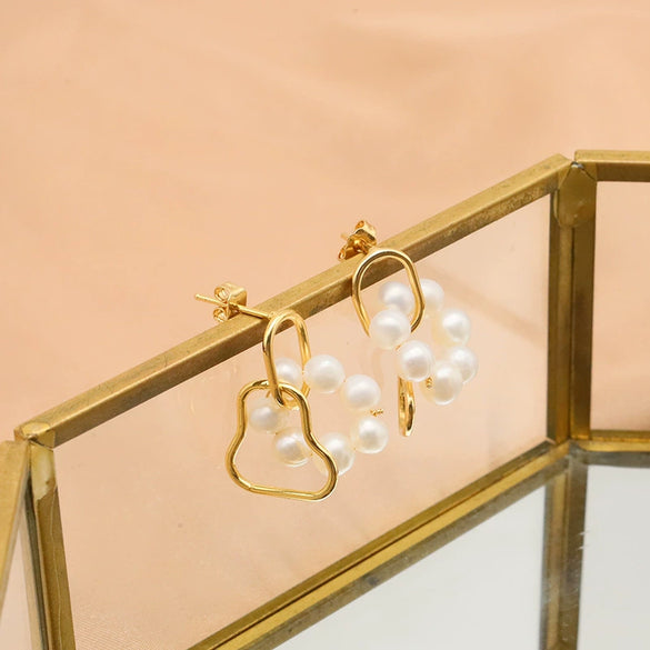 Pearl Women's Earrings S925 Silver Needle Electroplated Real Gold Geometric Design