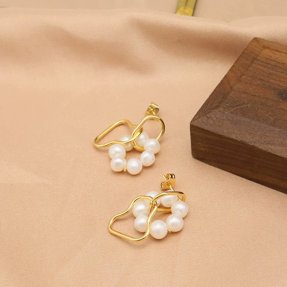 Pearl Women's Earrings S925 Silver Needle Electroplated Real Gold Geometric Design