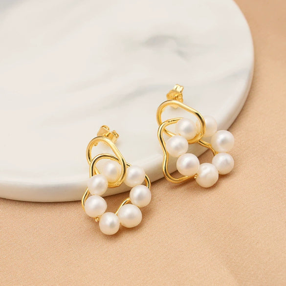 Pearl Women's Earrings S925 Silver Needle Electroplated Real Gold Geometric Design