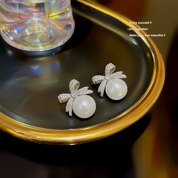 Pearl Zircon Bow Earrings 925 Silver Needle Copper Material Set With Pearls Sweet Style