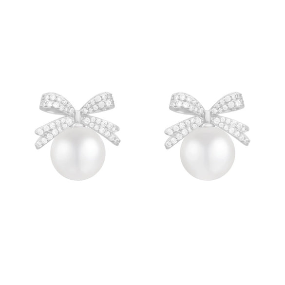 Pearl Zircon Bow Earrings 925 Silver Needle Copper Material Set With Pearls Sweet Style