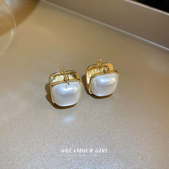 Pearl Zircon Geometric Letter Earrings Set With Pearls For Women French Highend Elegant Fashion Light Luxury