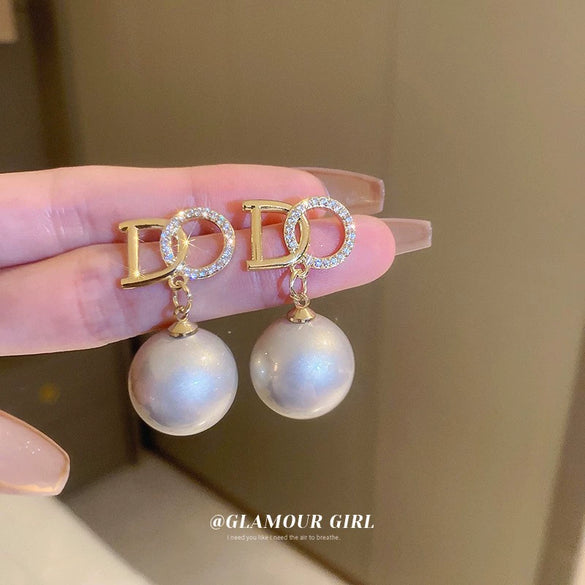 Pearl Zircon Geometric Letter Earrings Set With Pearls For Women French Highend Elegant Fashion Light Luxury