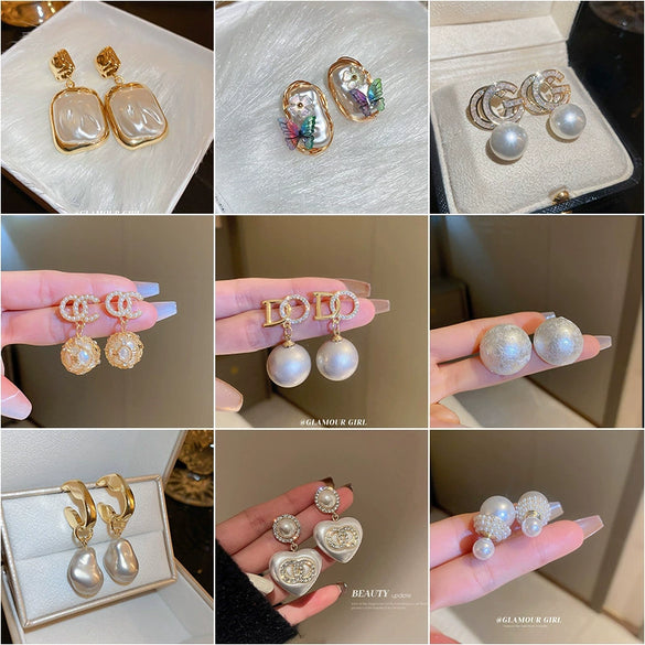 Pearl Zircon Geometric Letter Earrings Set With Pearls For Women French Highend Elegant Fashion Light Luxury
