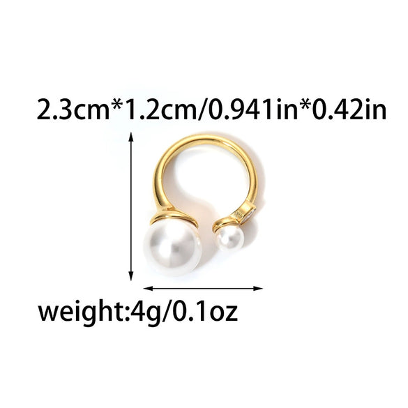 Pearl Zircon Inlaid Stainless Steel Geometric Ring For Women Light Luxury Electroplating Style