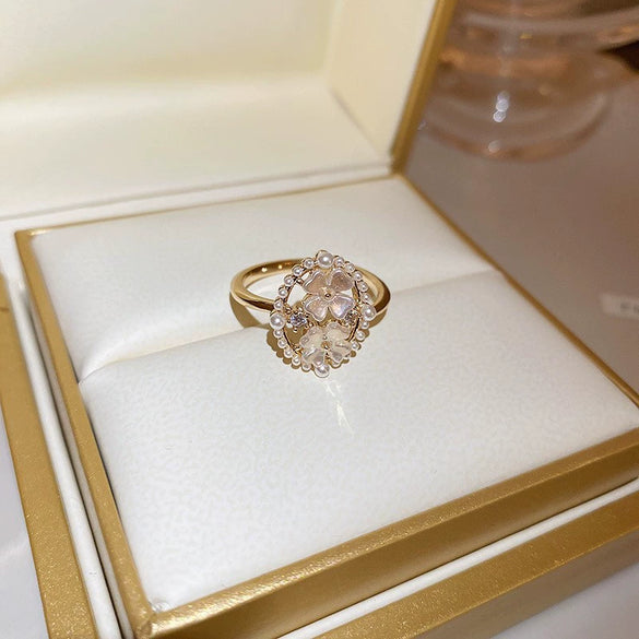 Pearl Zircon Splicing Butterfly Ring Real Gold Electroplated For Women With Animal Pattern