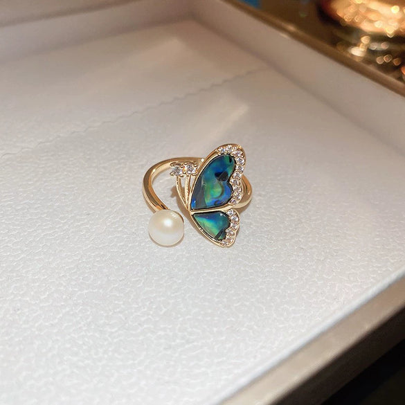 Pearl Zircon Splicing Butterfly Ring Real Gold Electroplated For Women With Animal Pattern