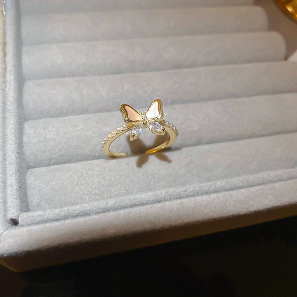 Pearl Zircon Splicing Butterfly Ring Real Gold Electroplated For Women With Animal Pattern