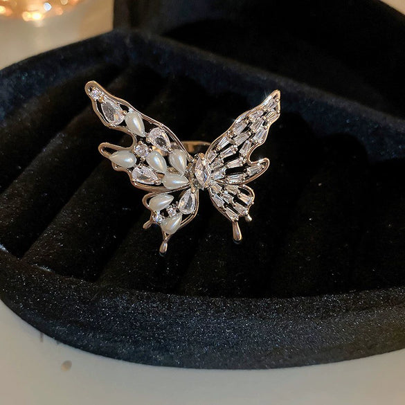Pearl Zircon Splicing Butterfly Ring Real Gold Electroplated For Women With Animal Pattern
