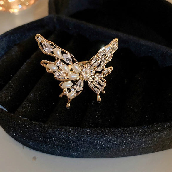 Pearl Zircon Splicing Butterfly Ring Real Gold Electroplated For Women With Animal Pattern
