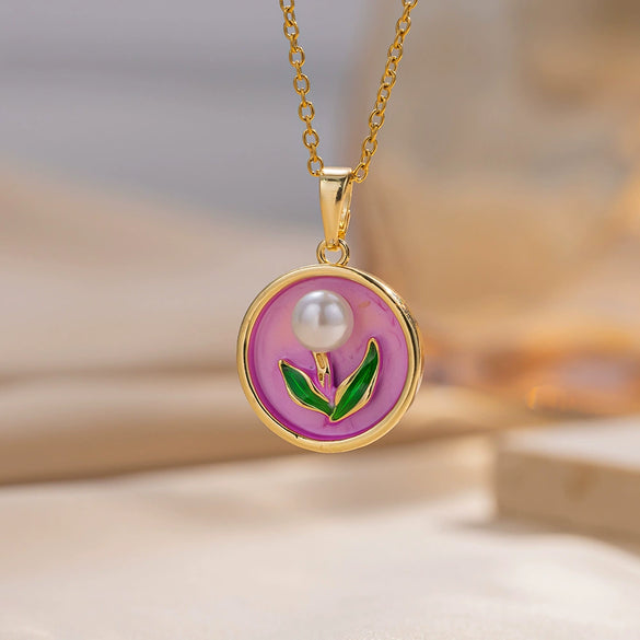 Pendant Accessories French Retro Imitation Pearl Oil Drop Light Luxury Enamel Painted Flower Copper Titanium Steel Electroplated O Word Chain