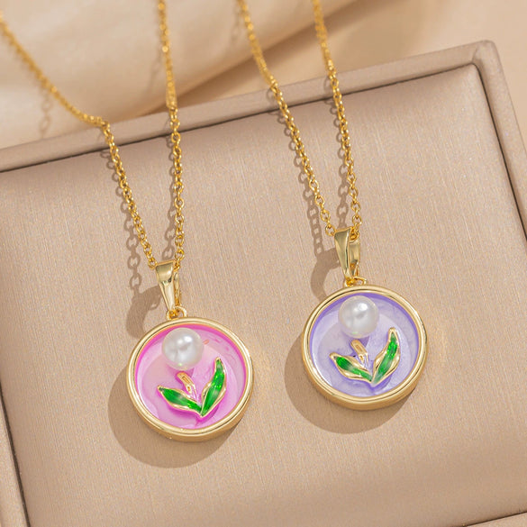 Pendant Accessories French Retro Imitation Pearl Oil Drop Light Luxury Enamel Painted Flower Copper Titanium Steel Electroplated O Word Chain