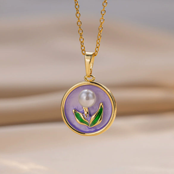 Pendant Accessories French Retro Imitation Pearl Oil Drop Light Luxury Enamel Painted Flower Copper Titanium Steel Electroplated O Word Chain
