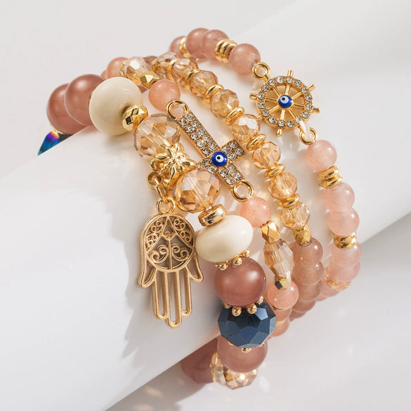 Pendant Bracelet Set Copper Handmade Bohemian Cross Devil's Eye Glass Beads Multilayer Stacking Style