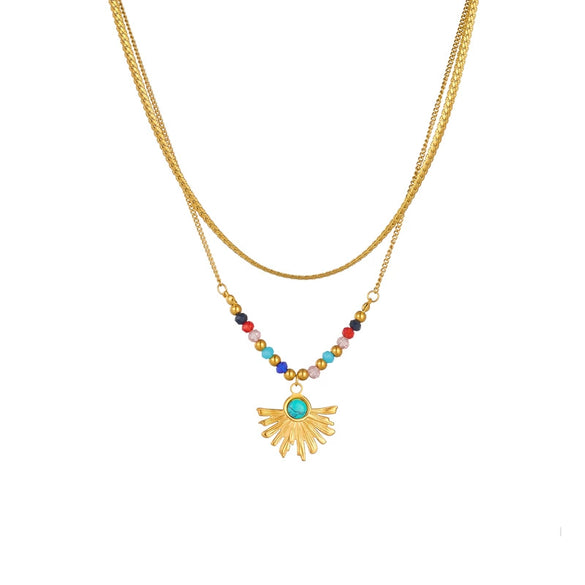 Pendant Chain Necklace Stainless Steel Gold Plated Colorful Beaded Fan Shaped Turquoise