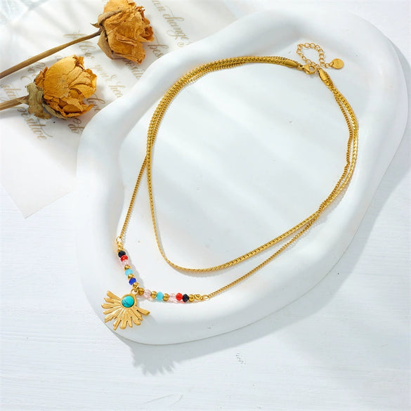 Pendant Chain Necklace Stainless Steel Gold Plated Colorful Beaded Fan Shaped Turquoise
