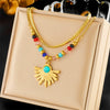 Pendant Chain Necklace Stainless Steel Gold Plated Colorful Beaded Fan Shaped Turquoise