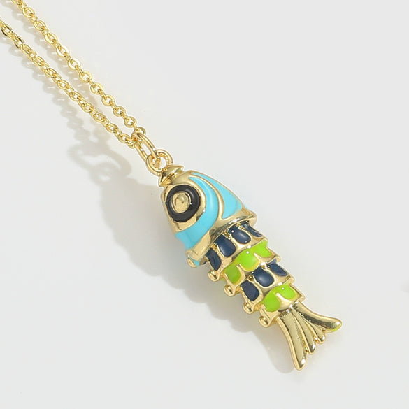 Pendant Clavicle Chain Necklace Copper Mixed Gemstone Setting Geometric Fish Flag Shape Electroplating