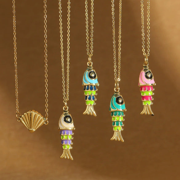 Pendant Clavicle Chain Necklace Copper Mixed Gemstone Setting Geometric Fish Flag Shape Electroplating