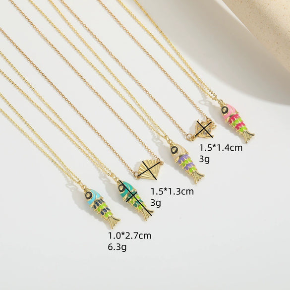 Pendant Clavicle Chain Necklace Copper Mixed Gemstone Setting Geometric Fish Flag Shape Electroplating