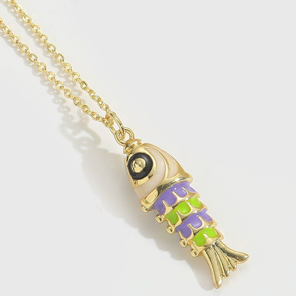 Pendant Clavicle Chain Necklace Copper Mixed Gemstone Setting Geometric Fish Flag Shape Electroplating