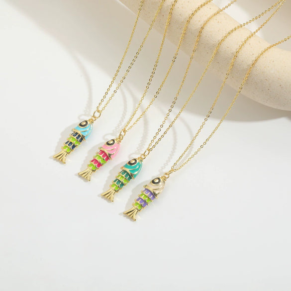 Pendant Clavicle Chain Necklace Copper Mixed Gemstone Setting Geometric Fish Flag Shape Electroplating