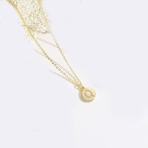 Pendant Clavicle Chain Necklace Mixed Gemstone Setting Copper Disc Shape English Letters Style Electroplating For Women