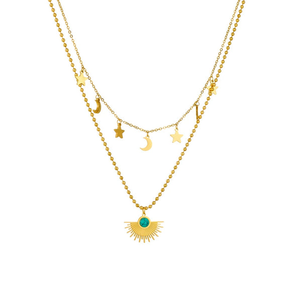 Pendant Clavicle Chain Stainless Steel Goldplated Retro Fashion Sun Star Moon Double Layer Stacking Women's Necklace