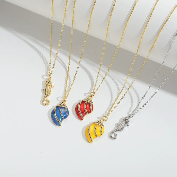 Pendant Clavicle Chain Women Copper Electroplating Heart Shape Seahorse Design Mixed Gemstone Setting
