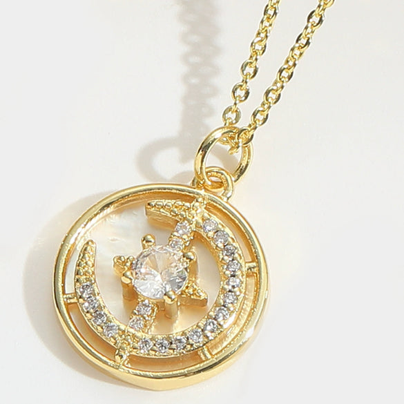 Pendant Clavicle Chain Women Retro Motherofpearl Zircon Inlaid Love Lock Shape Cross Design Copper Electroplating Geometric