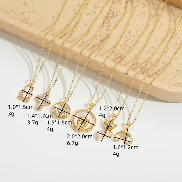 Pendant Clavicle Chain Women Retro Motherofpearl Zircon Inlaid Love Lock Shape Cross Design Copper Electroplating Geometric