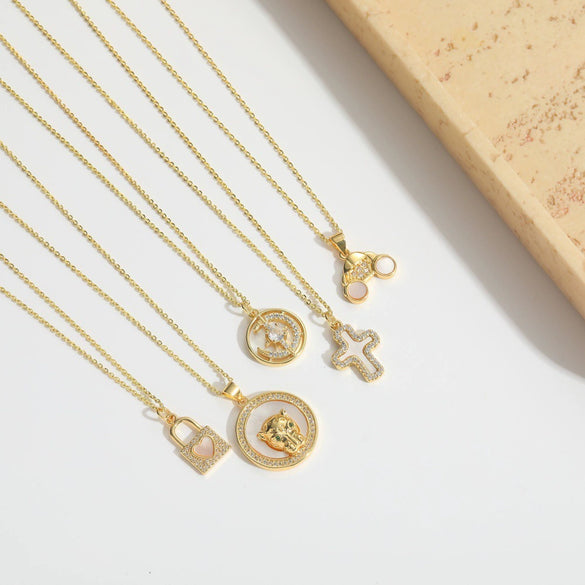 Pendant Clavicle Chain Women Retro Motherofpearl Zircon Inlaid Love Lock Shape Cross Design Copper Electroplating Geometric
