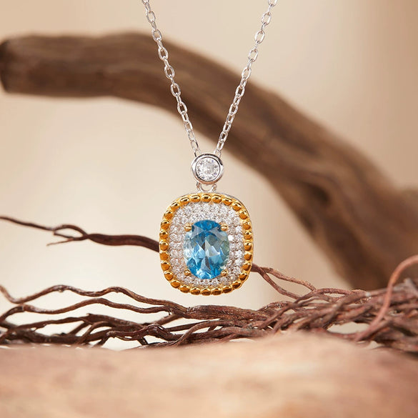 Pendant Clavicle Necklace Natural Color Treasure Topaz Etothyst S925 Sterling Silver Geometric Style Set With Gems