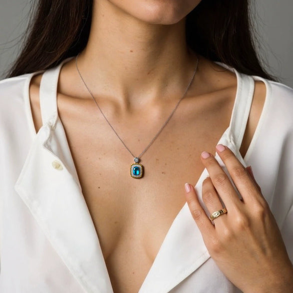 Pendant Clavicle Necklace Natural Color Treasure Topaz Etothyst S925 Sterling Silver Geometric Style Set With Gems